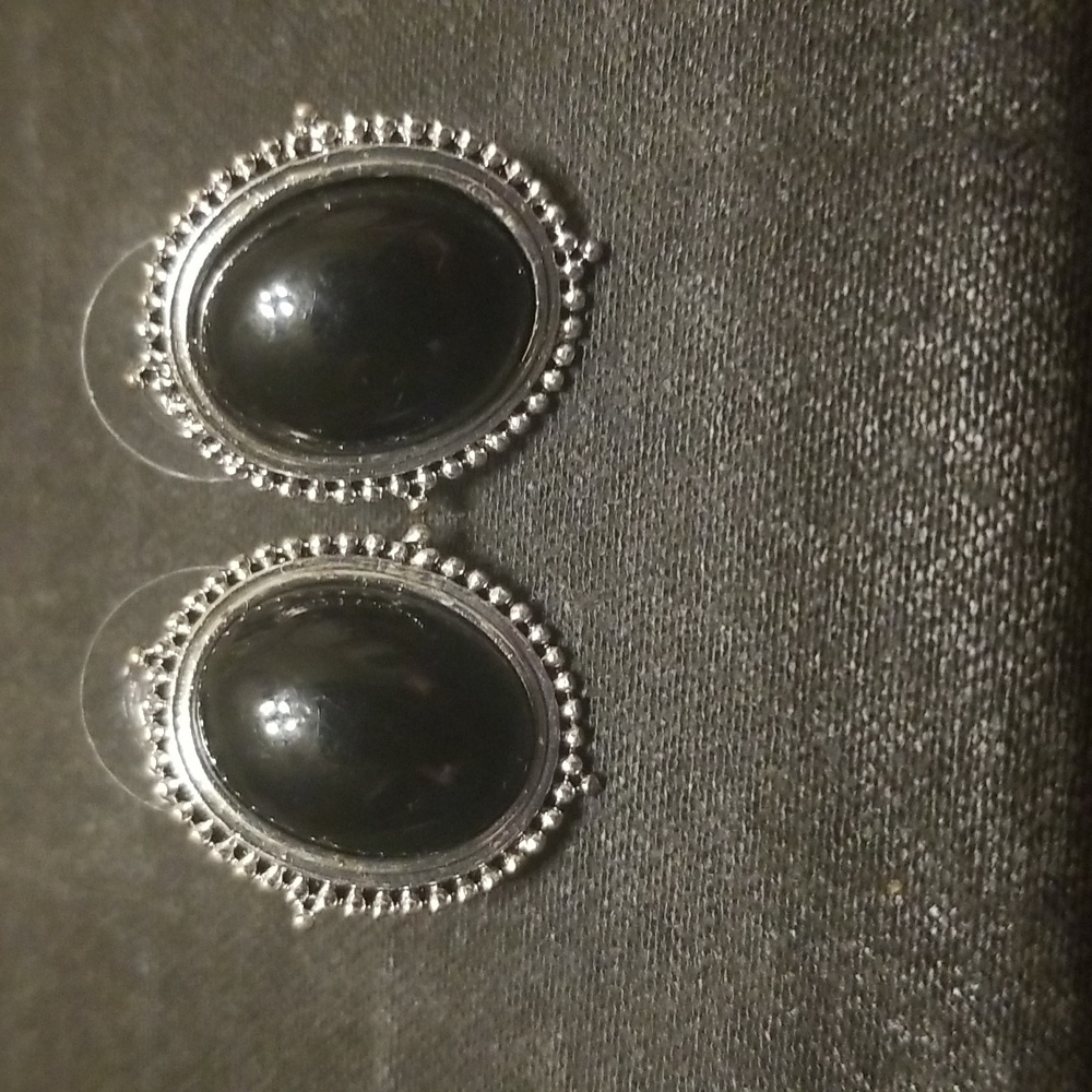 Vintage Silver Tone and Black Enamel Earrings